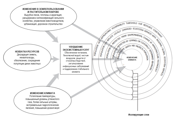 Схема сложных взаимосвязей между измененными условиями окружающей среды и здоровьем человека
