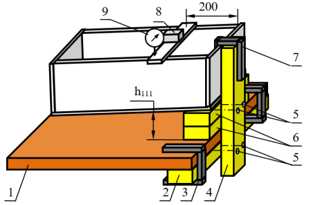 Нагрузка модели 1-м грузом на 1-й позиции с четырёх угловым креплением быстро сборного модуля на лабораторном столе винтами М5 (остальные обозначения те же, что и на рис. 3)