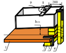 Нагрузка модели 2-мя грузами на 1-й позиции с четырёх угловым креплением быстро сборного модуля на лабораторном столе винтами М5 (остальные обозначения те же, что и на рис. 3)