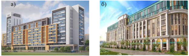 Варианты архитектурных решений а) сборно-монолитных зданий и б) монолитных зданий