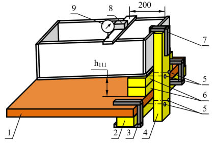 Нагрузка модели 1-м грузом на 1-й позиции с четырёх угловым креплением быстро сборного модуля на лабораторном столе винтами М4 (остальные обозначения те же, что и на рис. 1).