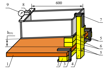 Нагрузка модели 1-м грузом на 3-й позиции с четырёх угловым креплением быстро сборного модуля на лабораторном столе винтами М4 (остальные обозначения те же, что и на рис. 2)