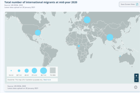 Графическое изображение общего числа международных мигрантов на середину 2020 г. (данные взяты с сайта Migration Data Portal URL: https://www.migrationdataportal.org/international-data?i=stock_abs_&t=2020&m=1)