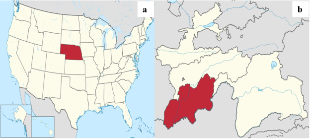 Штат Небраска (a) и Хатлонская область (b) на картах США и Таджикистана