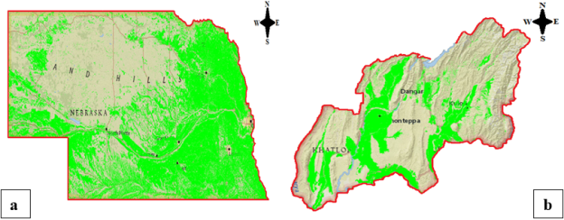 Районы производства сельскохозяйственных культур Небраски (a) и Хатлона (b)