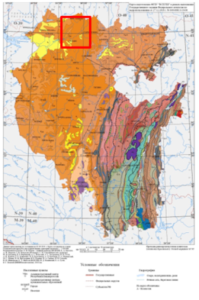 Геологическая карта республики Башкортостан с указанием расположения Югомашевского нефтяного месторождения [2]