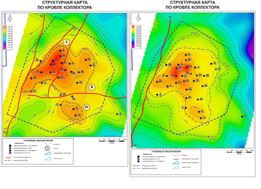 Структурная карта по кровле и подошве месторождения Хаиркелды Северный горизонт Ю-I, М-II