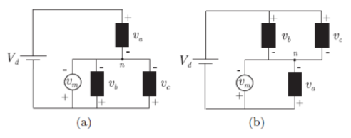Подключение фаз инвертора и АД; (а) состояние u1(+ − −), (б) состояние u4(− + +)