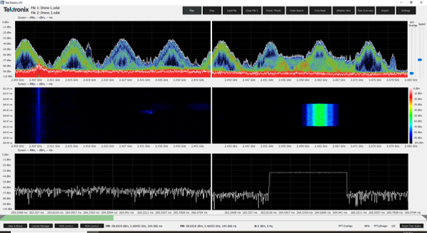 Скачкообразное изменение частоты и кодовые последовательности контроллера БПЛА в режиме с анализатором спектра реального времени