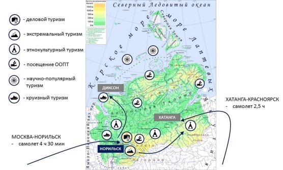 Границы и потенциальные места формирования туристических центров в составе ТРК «Арктический»