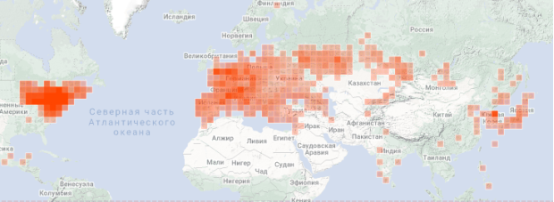 Карта-схема наблюдений за популяцией Lymantria dispar L. по данным сообщества iNaturalist (Источник: https://www.inaturalist.org/ Проверено: 11.10.2023)