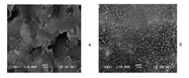 Фотографии поверхности шлифованного Si до (а) и после обработки (б) с помощью ЛГР. Плазмообразующий газ — SF6, Р = 80 кПа, Urf =200В, время обработки — 2с