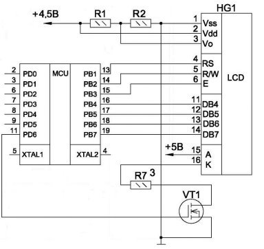 Подключение к микроконтроллеру AT90S2313 ЖК индикатора