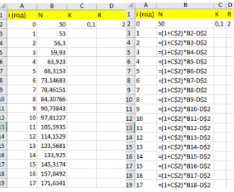 Таблица со значениями величин и таблица со значениями величин в режиме отображения формул
