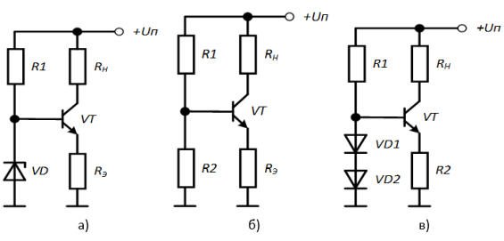 Источники тока на БТ [1]: а) нелинейный (с параметрическим стабилизатором); б) линейный (генератор стабильного тока); в) со смещением на базу