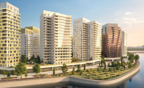 Проектное предложение многофункционального жилого комплекса. Рисунок показывает один из факторов экологичности- оформление зеленой крыши на уровне стилобата