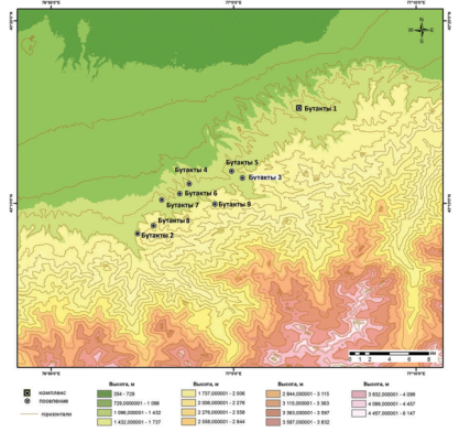 Снимок SRTM местоположение комплексов Бутакты