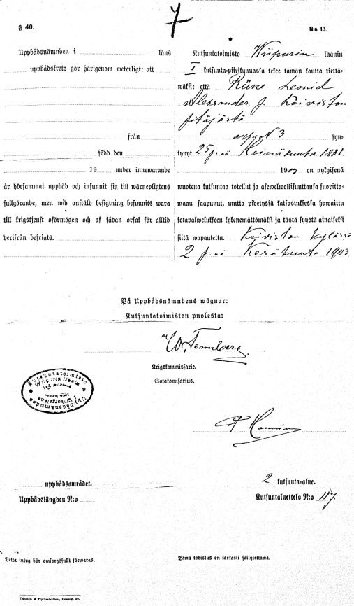 Документ на шведском и финском языках, в котором указано, что приписанный к городу Койвисто (Бьёркё) Л. А. Рюне был второго июня 1903 года признан негодным к военной службе и освобождён от её несения.