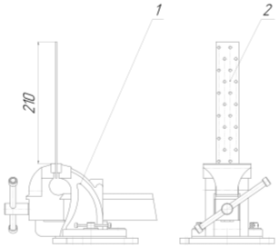 Закрепление полосы в тисках, где 1 — тиски, 2 — пластина.
