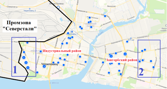 Схема расположения районов в г. Череповец. Публичная карта «Циан» [10]