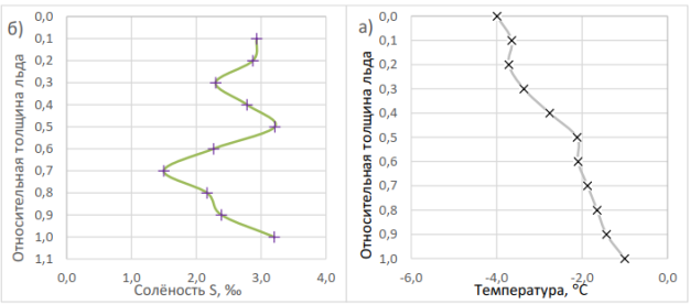 Изменение температуры и солености по толщине льда [3]