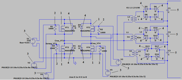 Моделирование схемы в программе моделирования электронных схем LTSpice: 1)- Транзистор Irf740; 2)- Резистор; 3)- Источник напряжение; 4)- Диод; 5)- Конденсатор