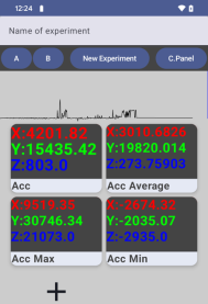 Интерфейс приложения для получения и анализа данных, полученных с датчика. (На экране показывается текущее значение (Acc), Среднее значение (Acc Average) виброускорений, и соответственно их максимальное и минимальное значение)