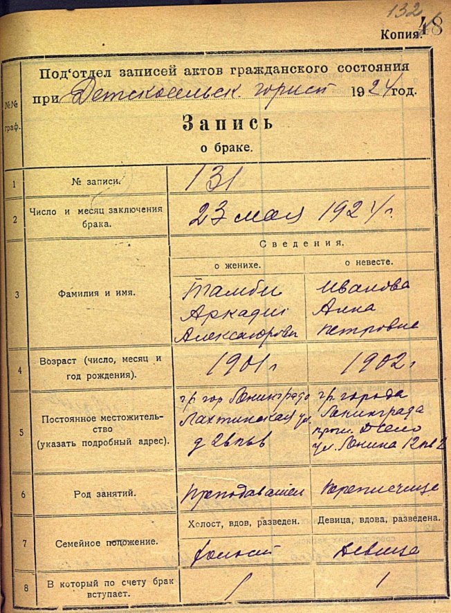 Запись от 23 мая 1924 года в книге государственной регистрации актов гражданского состояния о регистрации брака Аркадия Тамби с Анной Тамби (урождённой Ивановой) в Детском Селе (ныне — город Пушкин). Источник: ЦГА СПб. Ф. Р-6143. Оп. 4. Д. 231. Л. 132