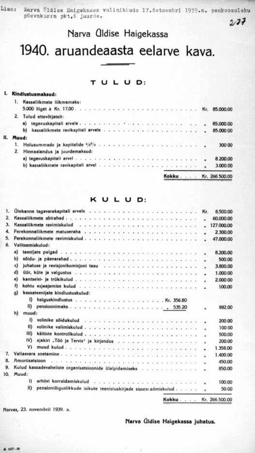 Прогнозируемые доходы и расходы Нарвской общей больничной кассы в проекте бюджета на 1940 год. Источник: Eesti Rahvusarhiiv. ERA.2117.1.4. Narva Üldise Haigekassa 1937–1940. a. tegevusaruanded