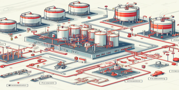 Схема противопожарной системы резервуарного парка: гидранты, автоматические системы пожаротушения и аварийные маршруты