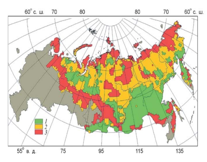 Карта геокриологической опасности в условиях изменения климата. 1 — устойчивая область; 2 — зона умеренного риска; 3 — зона высокой геокриологической опасности