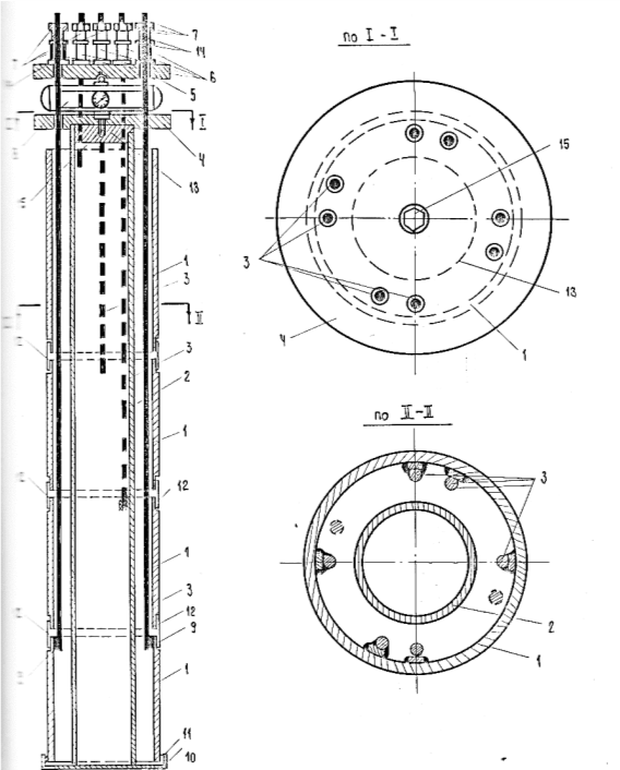Конструкция тензосваи:1-секция сваи; 2-опорная труба; 3-тяги; 4-нижняя плита; 5-верхняя плита; 6-тензоэлементы; 7-гайки; 8-динамометр; 9-прокладка; 10-ценрируяшая плита; 11-уплотнитель; 12-зашитный кожух; 13-переходная деталь; 14-шайбы; 15-болт