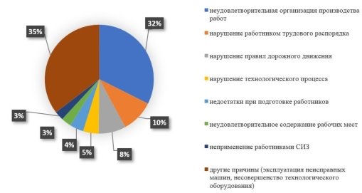 Распределение основных причин тяжелых несчастных случаев на производстве в РФ (по данным Роструда) [1]