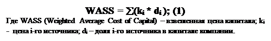 Text Box: WASS = å(ki * di ); (1)
Где WASS (Weighted Average Cost of Capital) – взвешенная цена капитала; ki - цена i-го источника; di – доля i-го источника в капитале компании.
