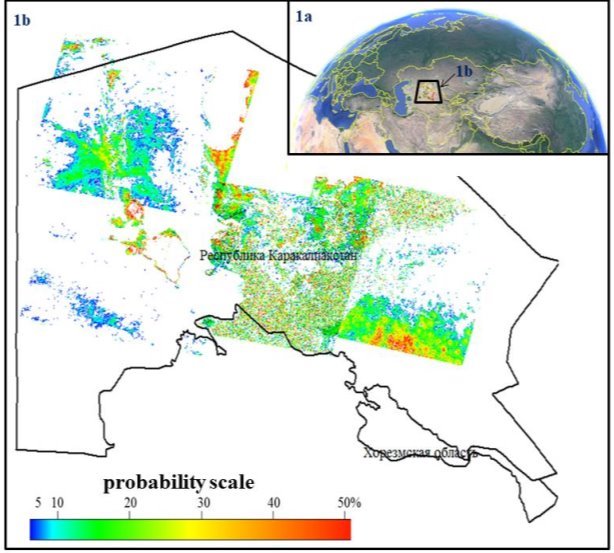 Вероятность засоленности приаральского региона (по результатам спектральных сигнатур КС LANDSAT-8)