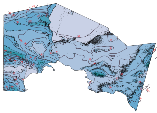 Гидрогеологическая карта (красными цифрами показаны значения гидроизогипс)