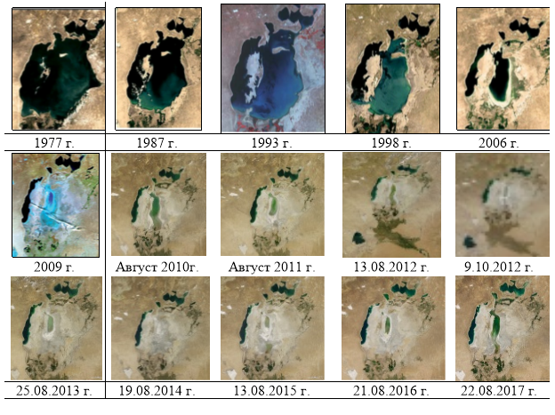 Космические изображения динамики высыхания Аральского моря в течение различных лет.