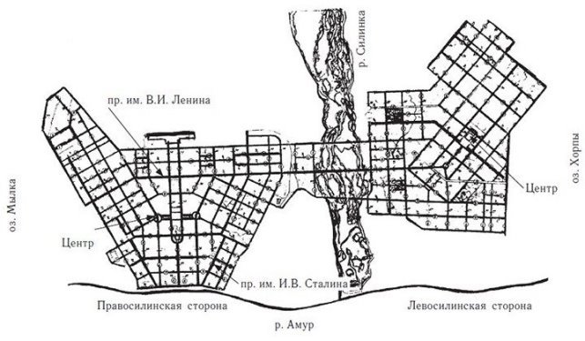 Комсомольск-на-Амуре. Схема сетки улиц города (1939 г). Ленгорпроект. Архитектор В. Б. Данчич