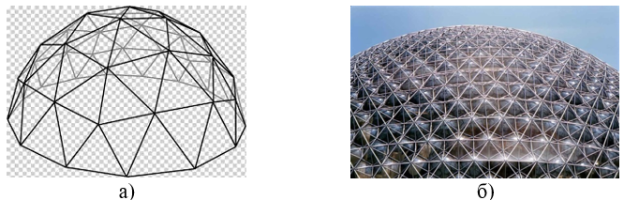 Пример формообразования купола по технологии геодезической сферы: а) чертеж каркаса; б) купол из сетчатого металлокаркаса