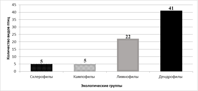 Соотношение количества видов различных экологических групп в составе орнитофауны Черноморского побережья Северо-Западного Кавказа