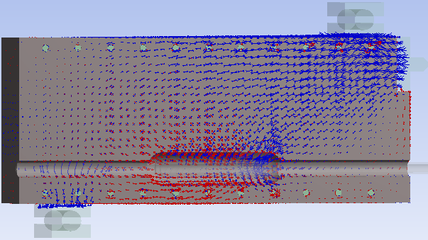 Интенсивность и направление главных растягивающих (красным) и сжимающих (синим) напряжений по бетону балочного образца
