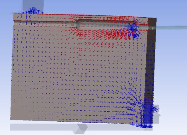 Интенсивность и направление главных растягивающих (красным) и сжимающих (синим) напряжений по бетону образца