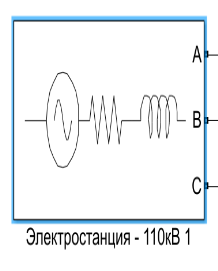Изображение Электростанции в MatLab/Simulink и Параметры блока Three-phase source