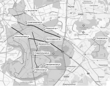 Ситуационная схема ЮВАО г. Москвы с точками измерений (Яндекс.Карты)