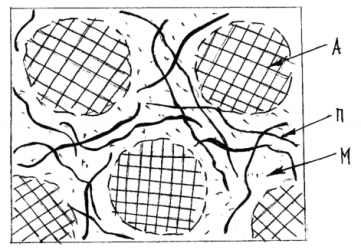 Идеальная схема модификации структуры битума гипкоцепным полимером: А — асфальтены; П — макромолекулы полимера; М — мальтены [10]