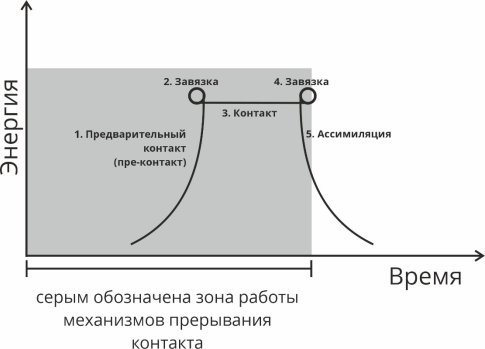 Иллюстрация зоны работы механизмов прерывания контакта, препятствующих ассимиляции опыта в цикле контакта