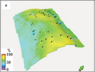 3D-геологическая модель изменения площади пористости (а), проницаемости (б) и нефтенасыщенности пород (в) Свиты Перерыва месторождения Гюнешли