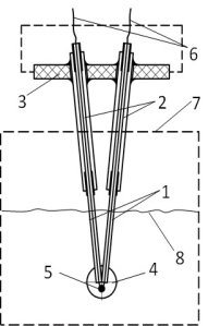 Конструкция вибровизкозиметра: 1 — капилляр, 2 — пьезотрубки, 3 — статор, 4 — измерительный блок, 5 — датчик температуры, 6 — элементы выводного монтажа, 7 — исследуемая жидкость, 8 — пороговый уровень