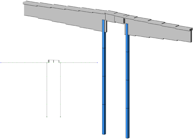 КЭ модель стропильной балки после усиления и устройства проема. Общий вид (неразрезная схема)
