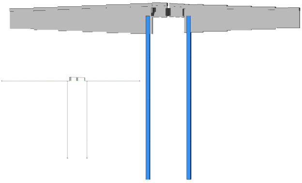 КЭ модель стропильной балки после усиления и устройства проема. Общий вид (разрезная схема тип 1 — участок над проемом включен в работу)